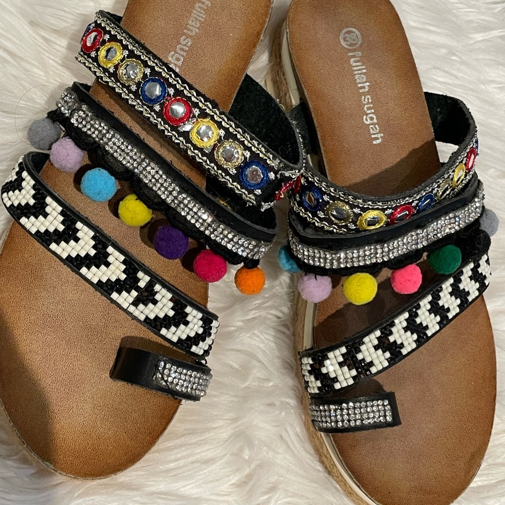 GREEK FULLAH SUGAH POM POM RHINESTONE BEADED SLIDE SANDAL Santorini NEW 38